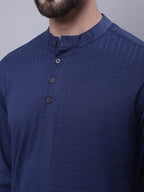 Even Apparels Blue Pure Cotton Short Kurta With Band Collar | Grocsy