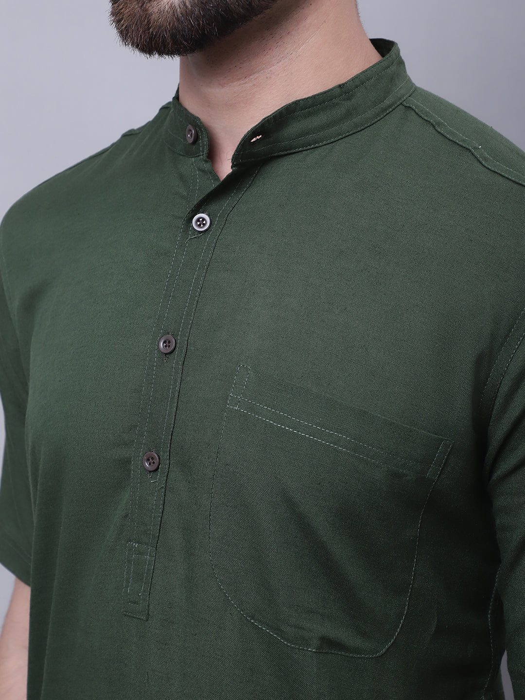 Even Apparels Green Pure Cotton Short Sleeves Kurta With Band Collar | Grocsy