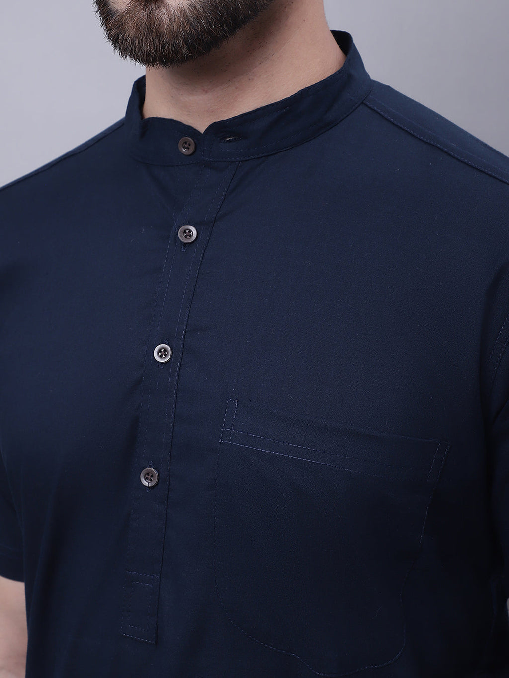 Even Apparels Blue Pure Cotton Short Sleeves Kurta With Band Collar | Grocsy