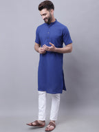 Even Apparels Blue Pure Cotton Short Sleeves Kurta With Band Collar | Grocsy