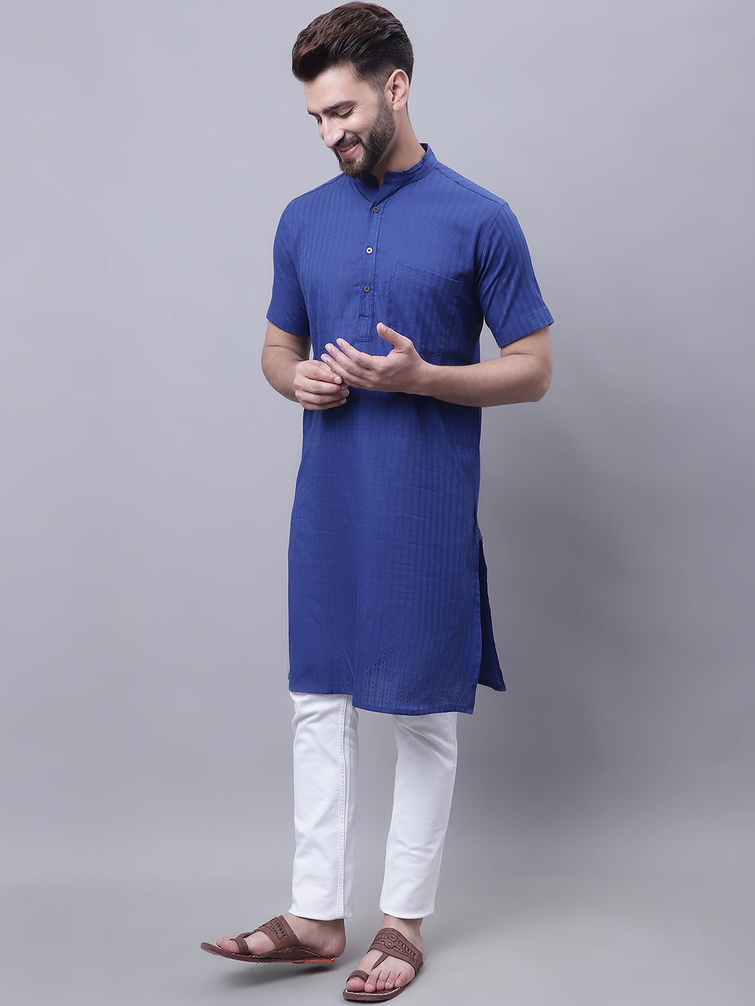 Even Apparels Blue Pure Cotton Short Sleeves Kurta With Band Collar | Grocsy
