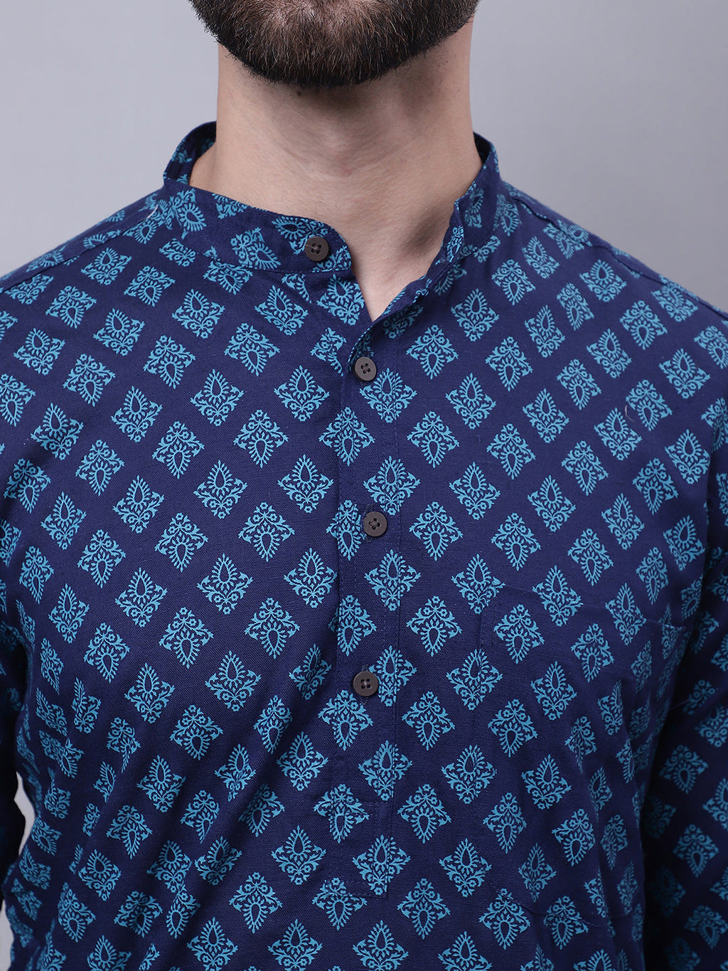 Even Apparels Blue Pure Cotton Kurta With Band Collar | Grocsy