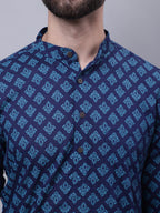 Even Apparels Blue Pure Cotton Kurta With Band Collar | Grocsy