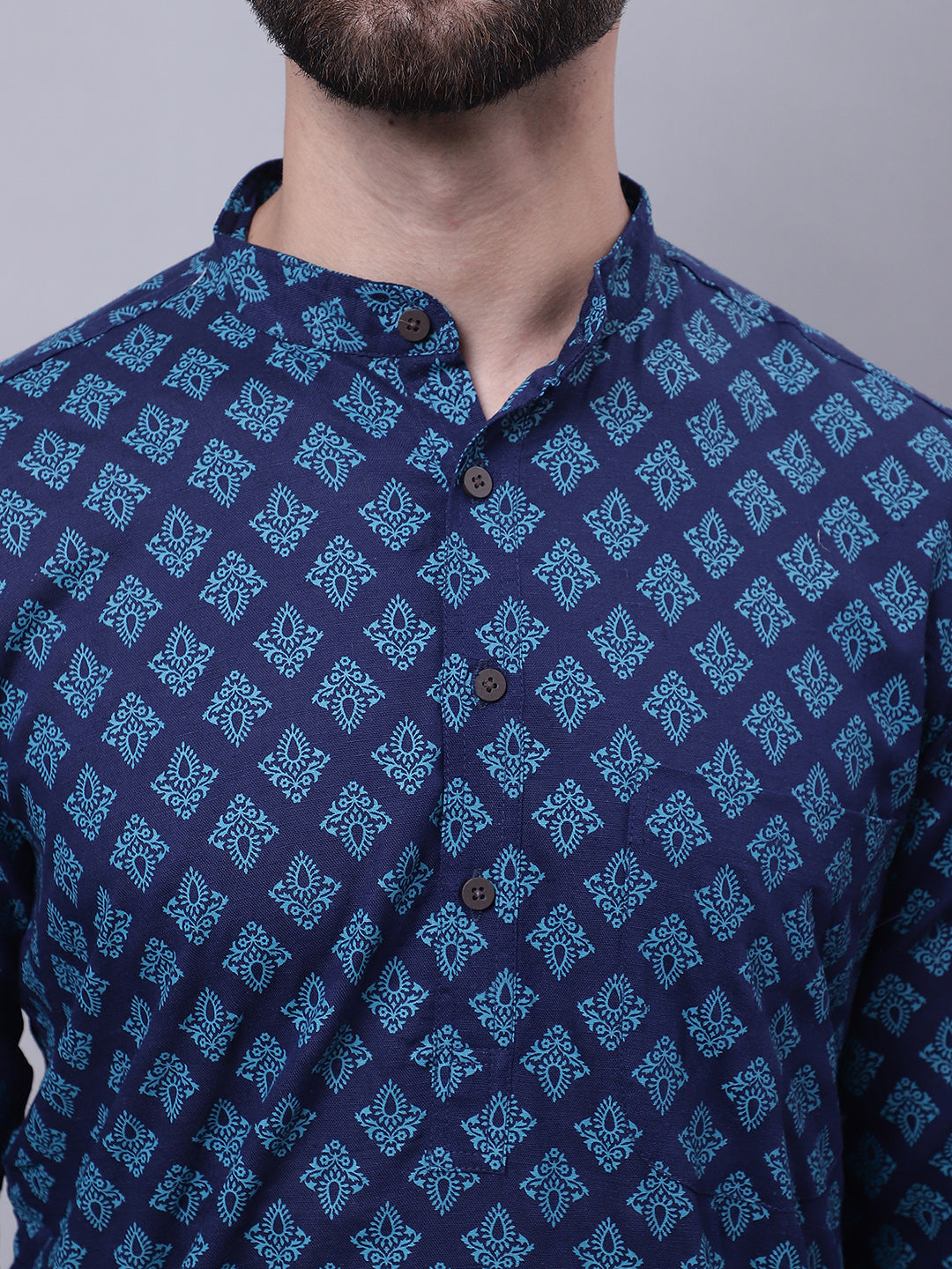 Even Apparels Blue Pure Cotton Kurta With Band Collar | Grocsy