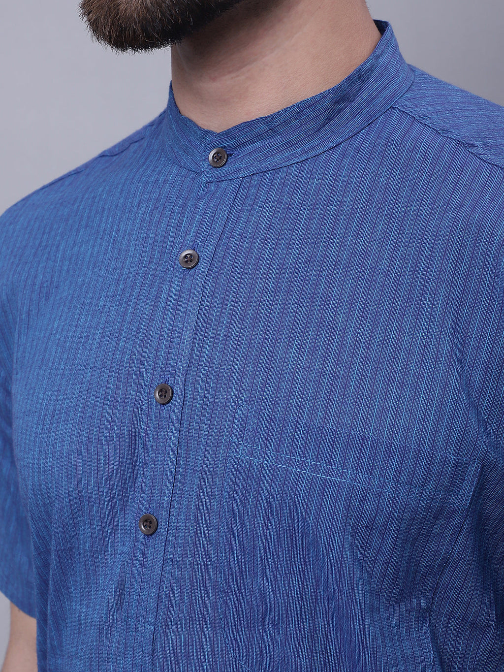 Even Apparels Blue Pure Cotton Short Sleeves Kurta With Band Collar | Grocsy