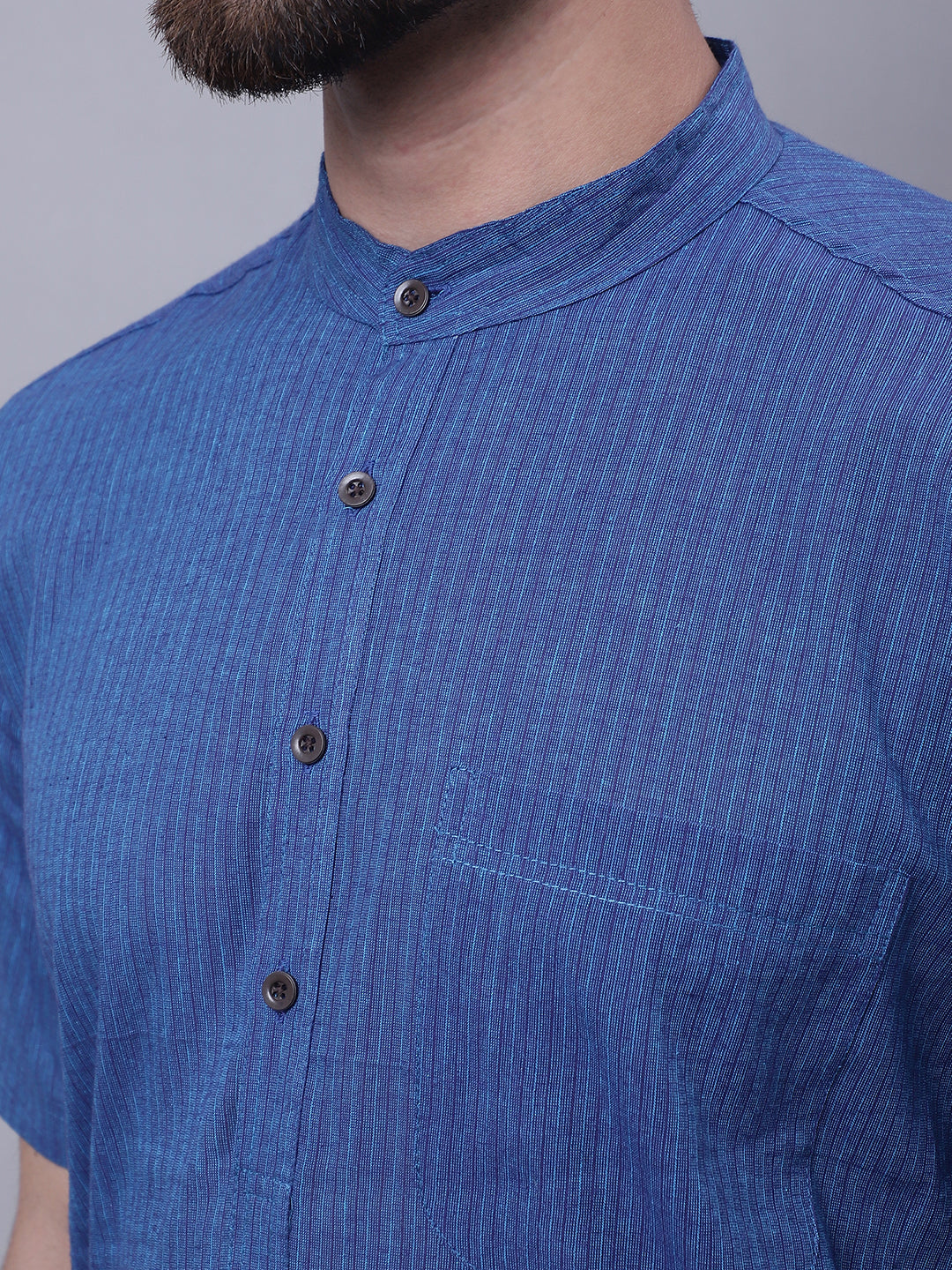 Even Apparels Blue Pure Cotton Short Sleeves Kurta With Band Collar | Grocsy