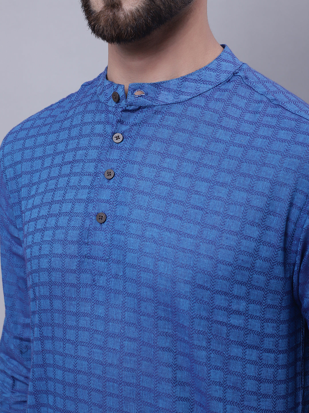 Even Apparels Blue Pure Cotton Short Kurta With Band Collar | Grocsy