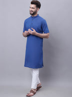 Even Apparels Blue Pure Cotton Short Sleeves Kurta With Band Collar | Grocsy