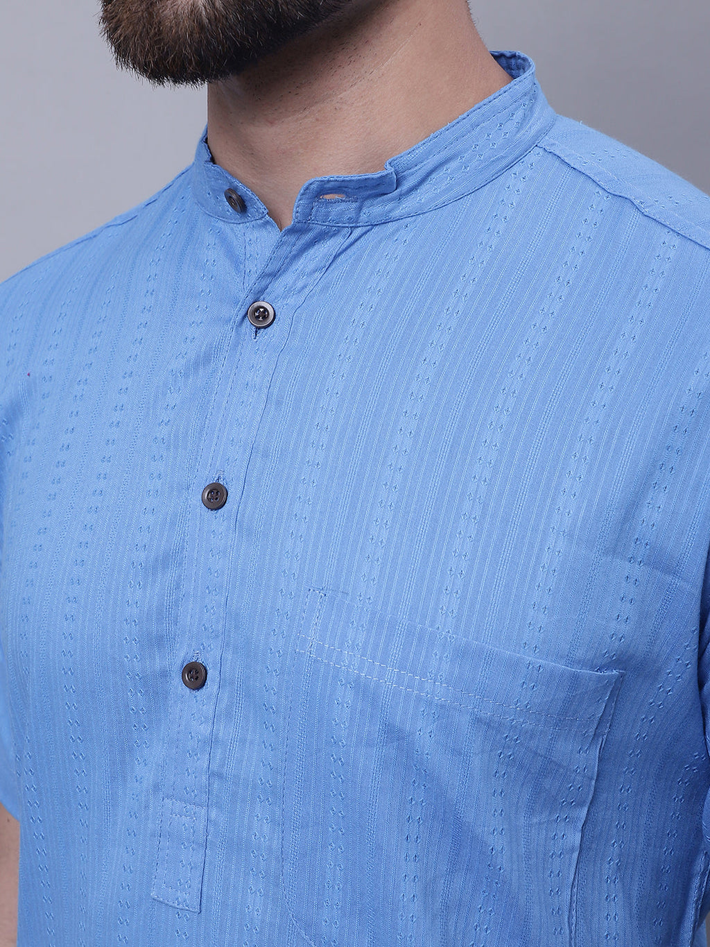 Even Apparels Blue Pure Cotton Short Sleeves Kurta With Band Collar | Grocsy