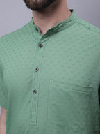 Even Apparels Green Pure Cotton Short Sleeves Kurta With Band Collar | Grocsy