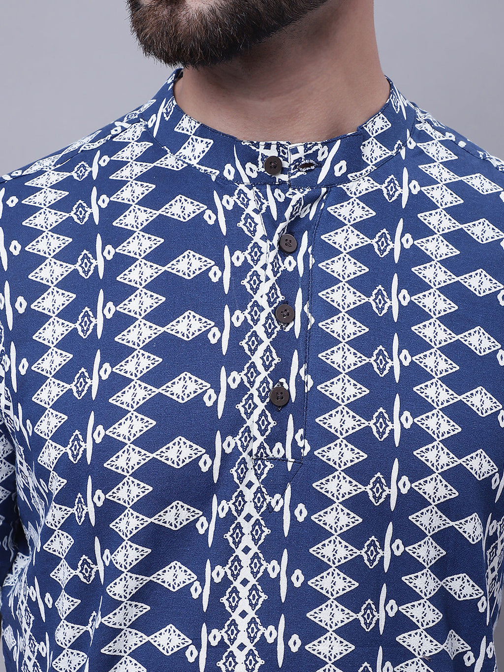 Even Apparels Blue Pure Cotton Short Kurta With Band Collar | Grocsy