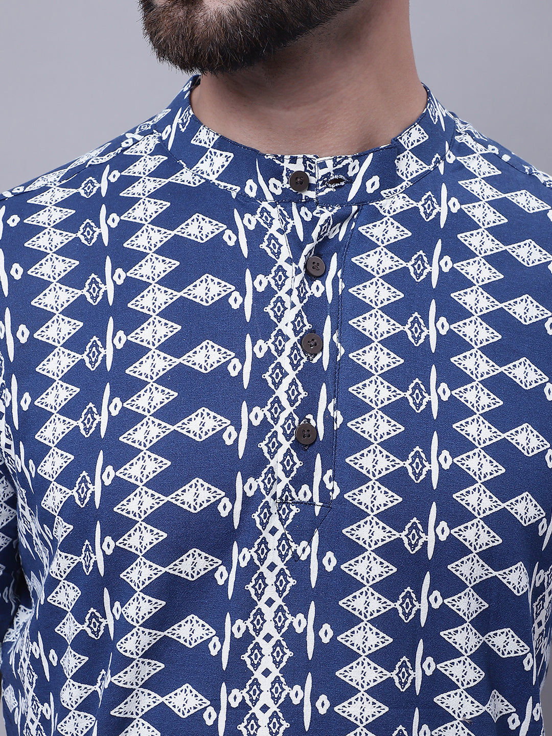 Even Apparels Blue Pure Cotton Short Kurta With Band Collar | Grocsy