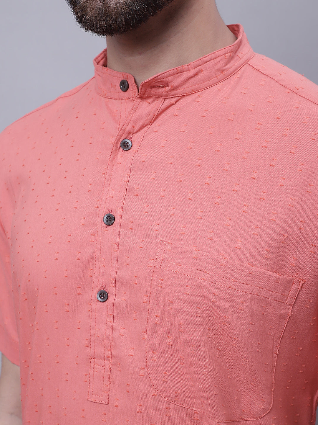 Even Apparels Peach Pure Cotton Short Sleeves Kurta With Band Collar | Grocsy