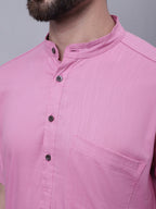 Even Apparels Pink Pure Cotton Short Sleeves Kurta With Band Collar | Grocsy