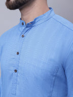 Even Apparels Blue Pure Cotton Kurta With Band Collar | Grocsy