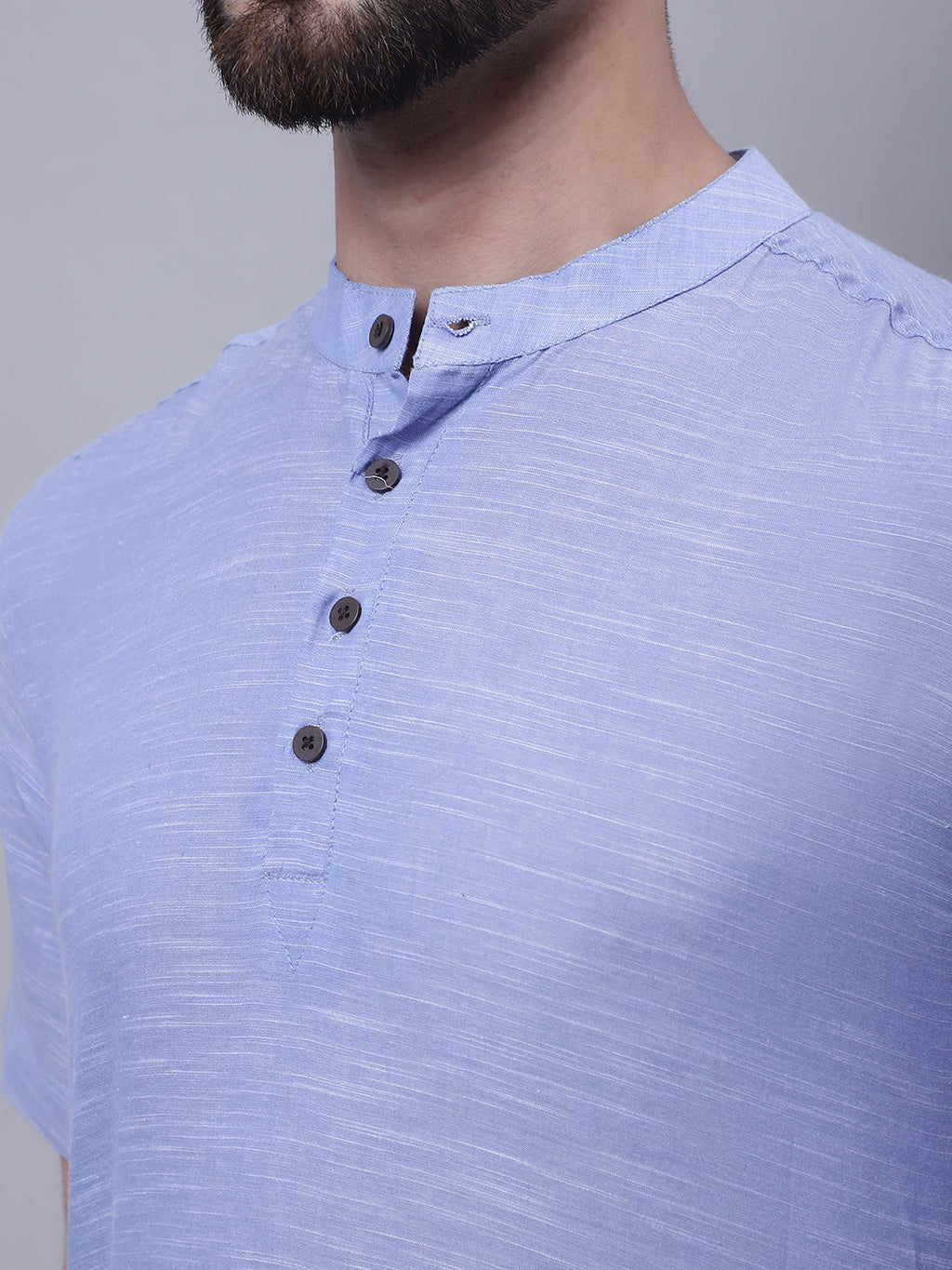 Even Apparels Blue Pure Cotton Short Kurta With Band Collar | Grocsy