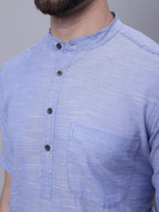 Even Apparels Blue Pure Cotton Short Sleeves Kurta With Band Collar | Grocsy
