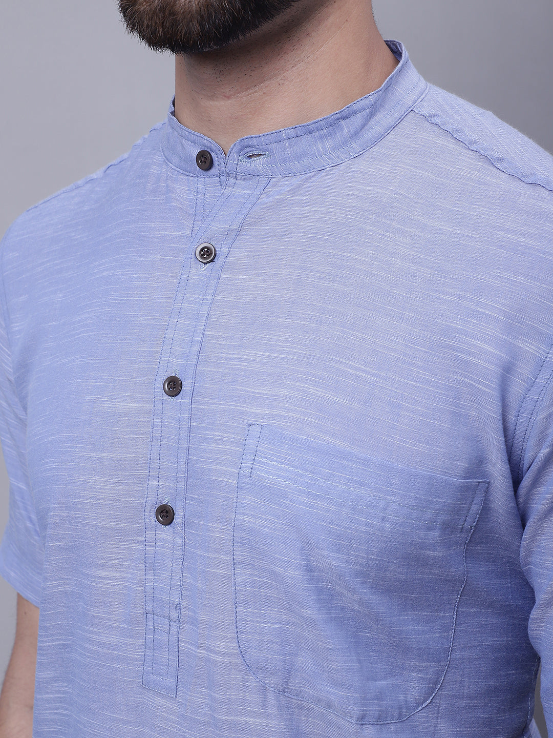 Even Apparels Blue Pure Cotton Short Sleeves Kurta With Band Collar | Grocsy