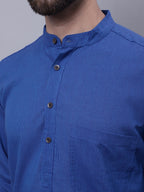 Even Apparels Blue Pure Cotton Kurta With Band Collar | Grocsy