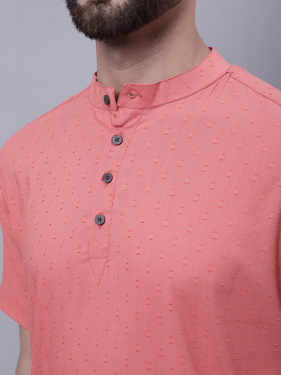 Even Apparels Peach Pure Cotton Short Sleeves Kurta With Band Collar | Grocsy