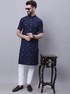 Even Apparels Blue Pure Cotton Short Sleeves Kurta With Band Collar | Grocsy