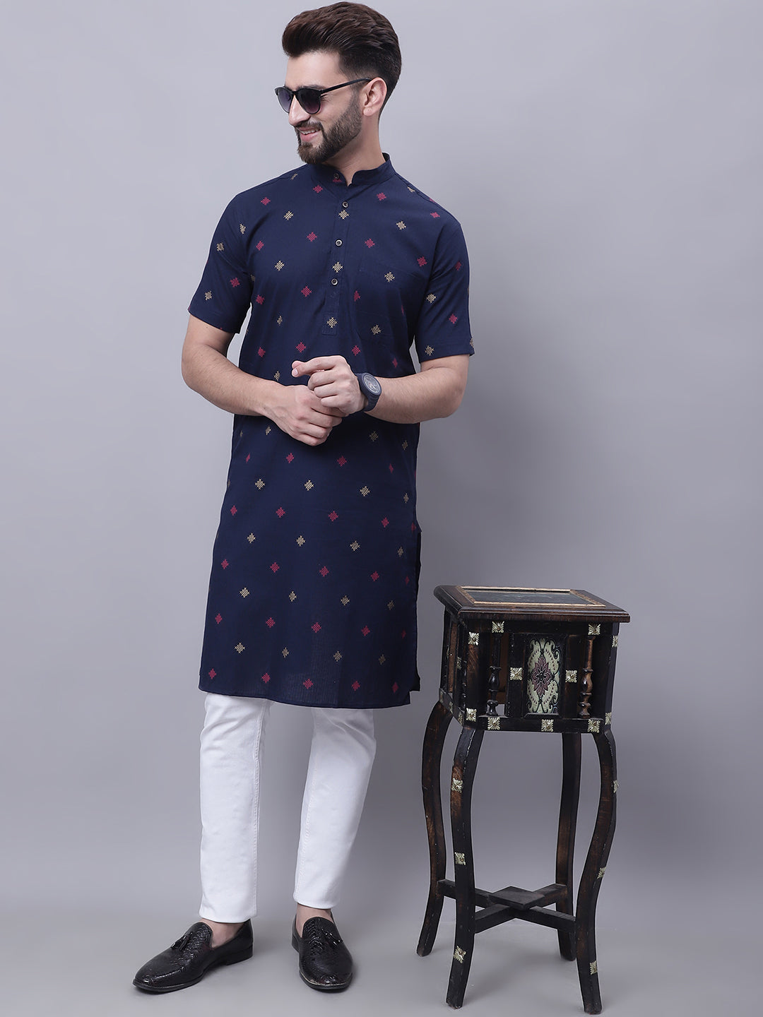 Even Apparels Blue Pure Cotton Short Sleeves Kurta With Band Collar | Grocsy