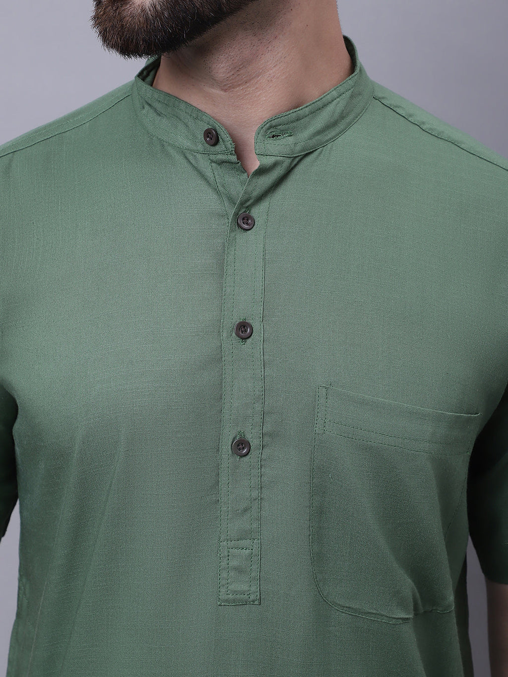 Even Apparels Green Pure Cotton Short Sleeves Kurta With Band Collar | Grocsy