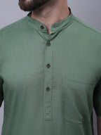 Even Apparels Green Pure Cotton Short Sleeves Kurta With Band Collar | Grocsy