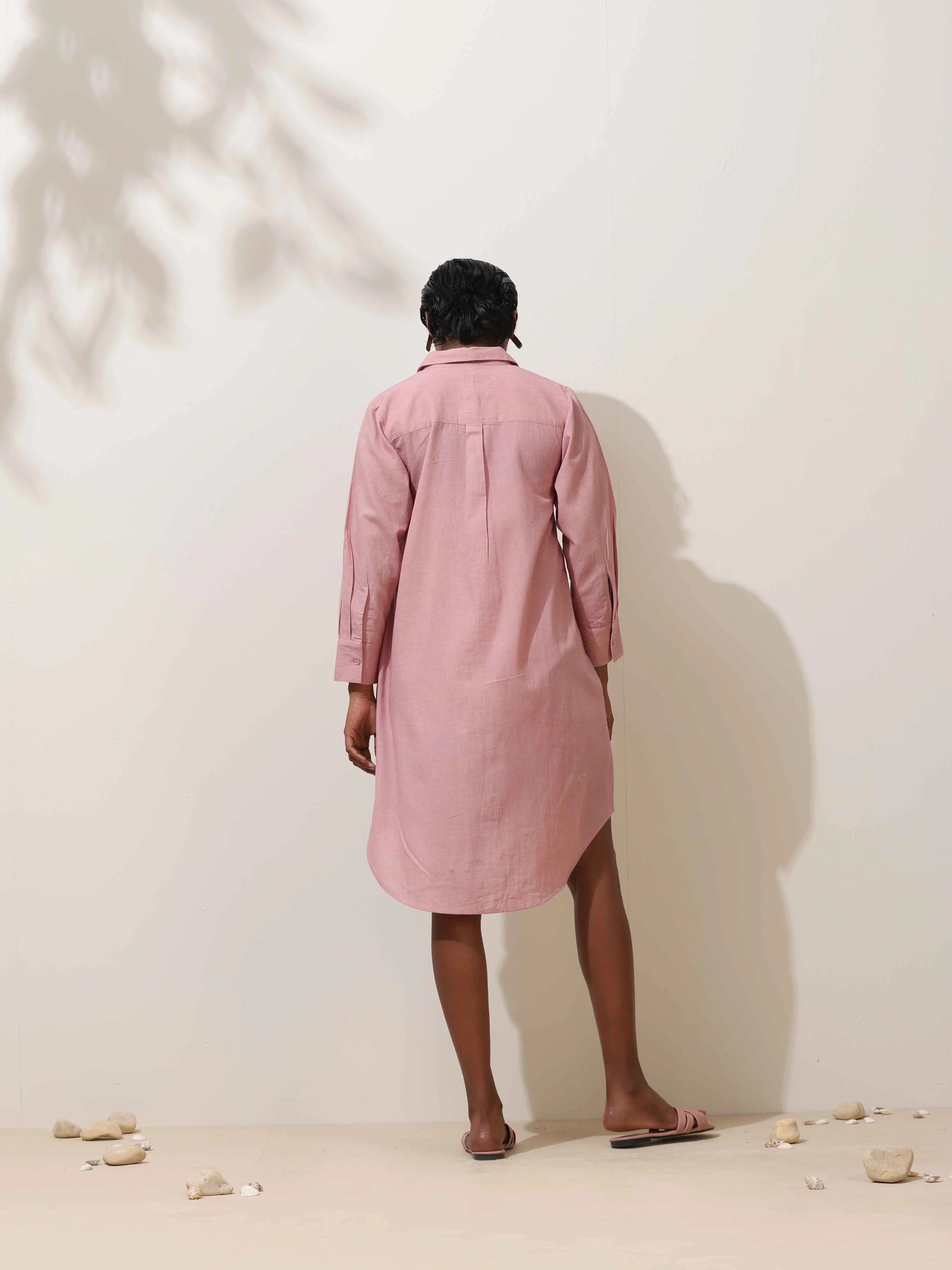 trueBrowns Pink Cotton Linen Dress | Grocsy