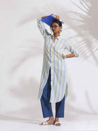 trueBrowns White Cotton Multi Stripe Shirt Kurta Set | Grocsy