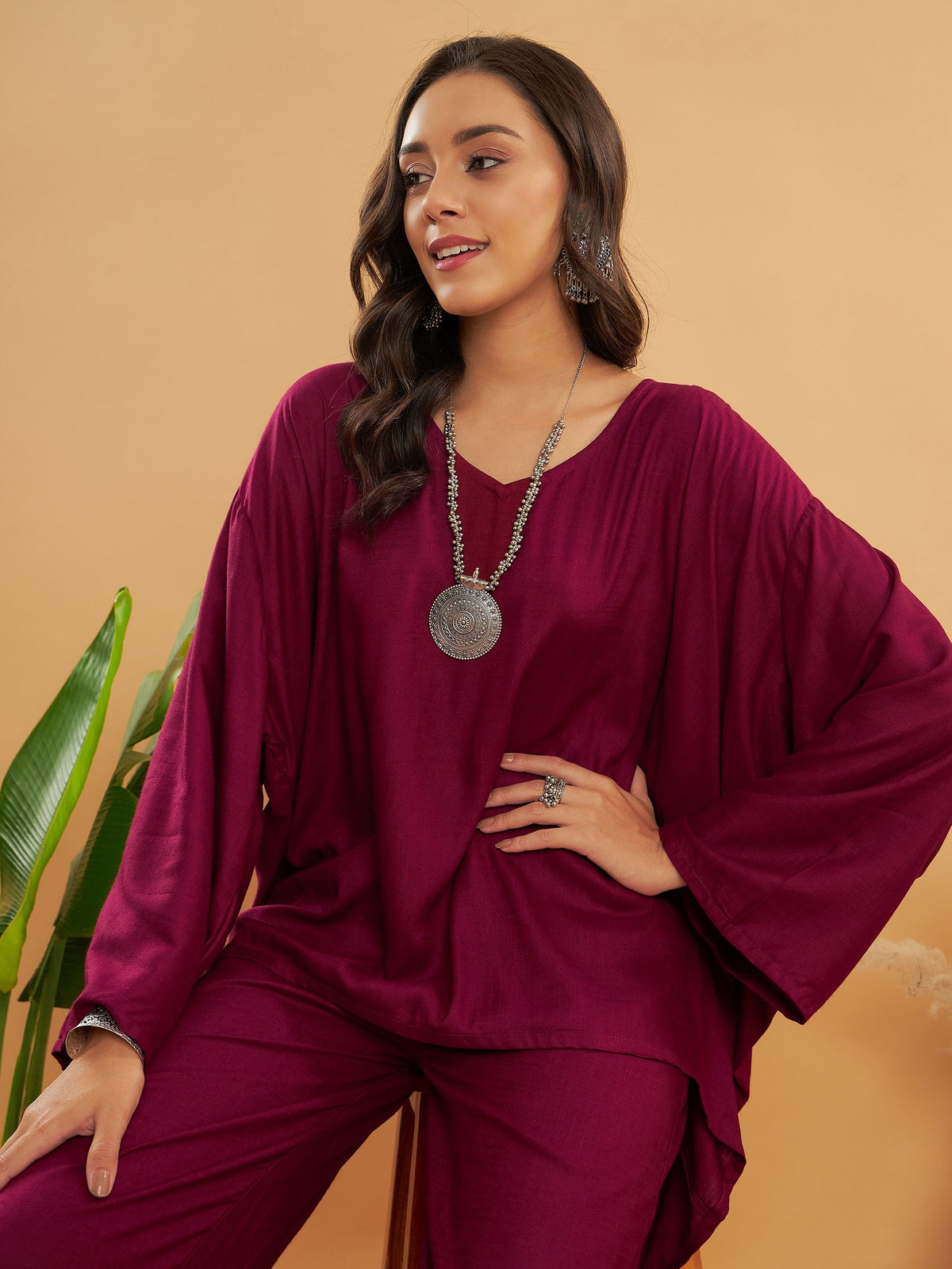 InWeave Women's Jam Wine Solid Boho Full Sleeve Coord Set | Grocsy