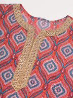 InWeave Women's Red Blue Ogee Print Gota Straight Kurta | Grocsy