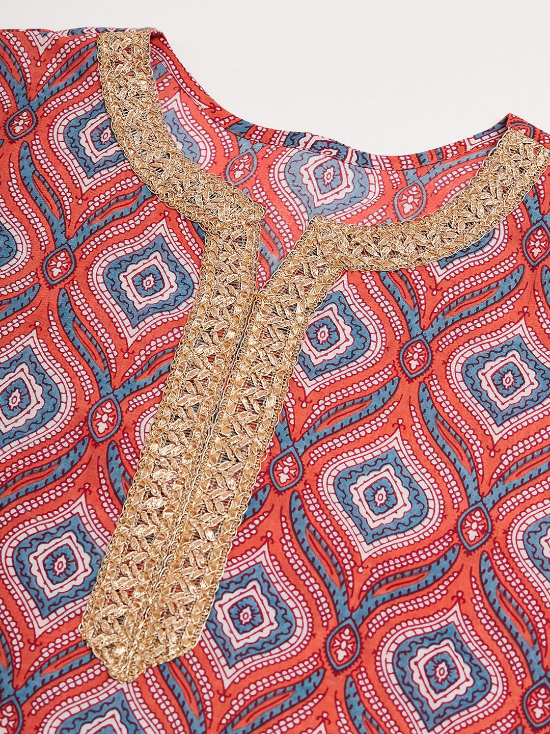 InWeave Women's Red Blue Ogee Print Gota Straight Kurta | Grocsy