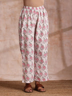 trueBrowns Pink Green Buta On White Block Print Cotton Slit Kurta Pant Set | Grocsy