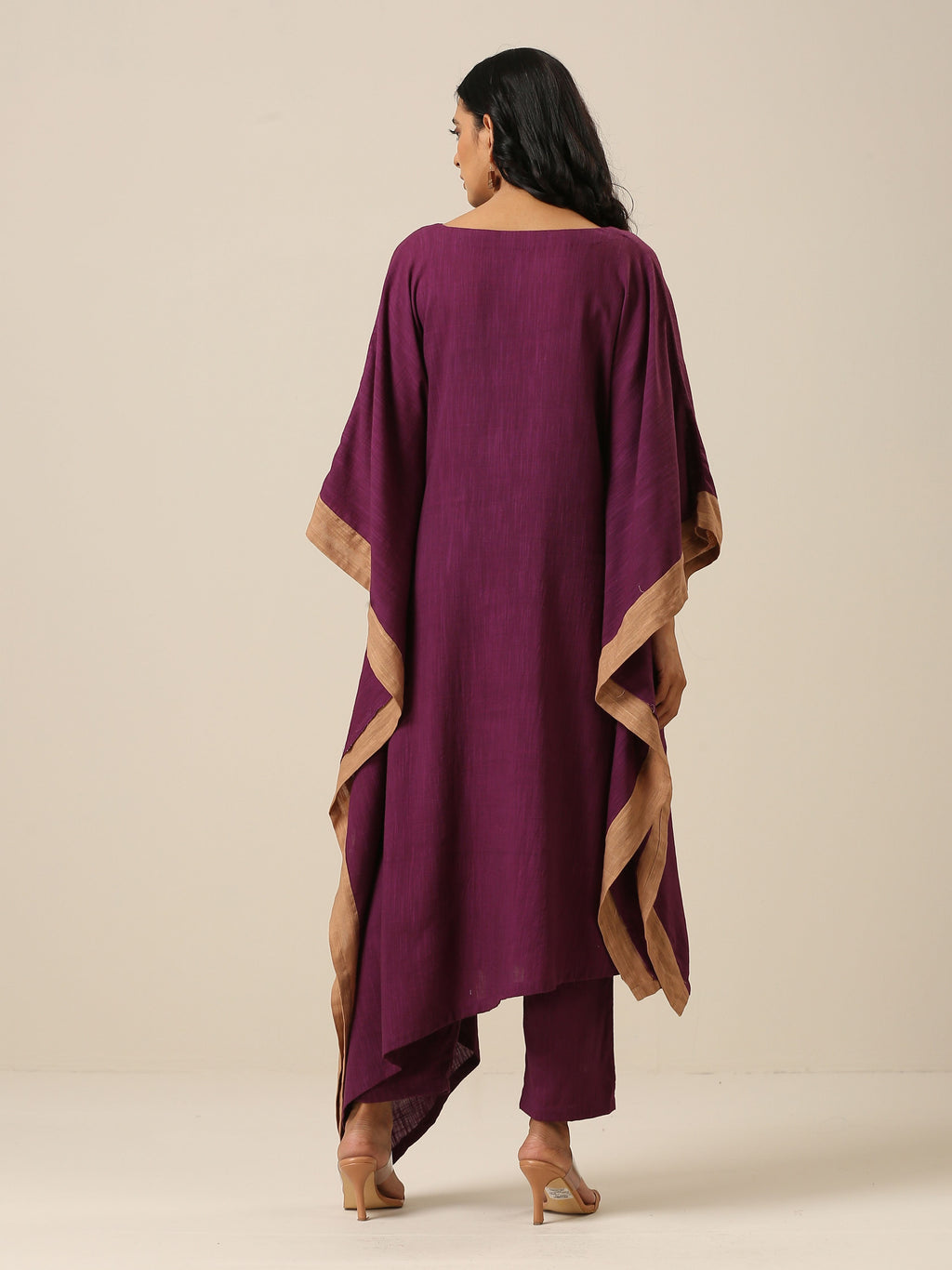 trueBrowns Plum Purple Slub Texture High Low Kaftan Pant Set | Grocsy