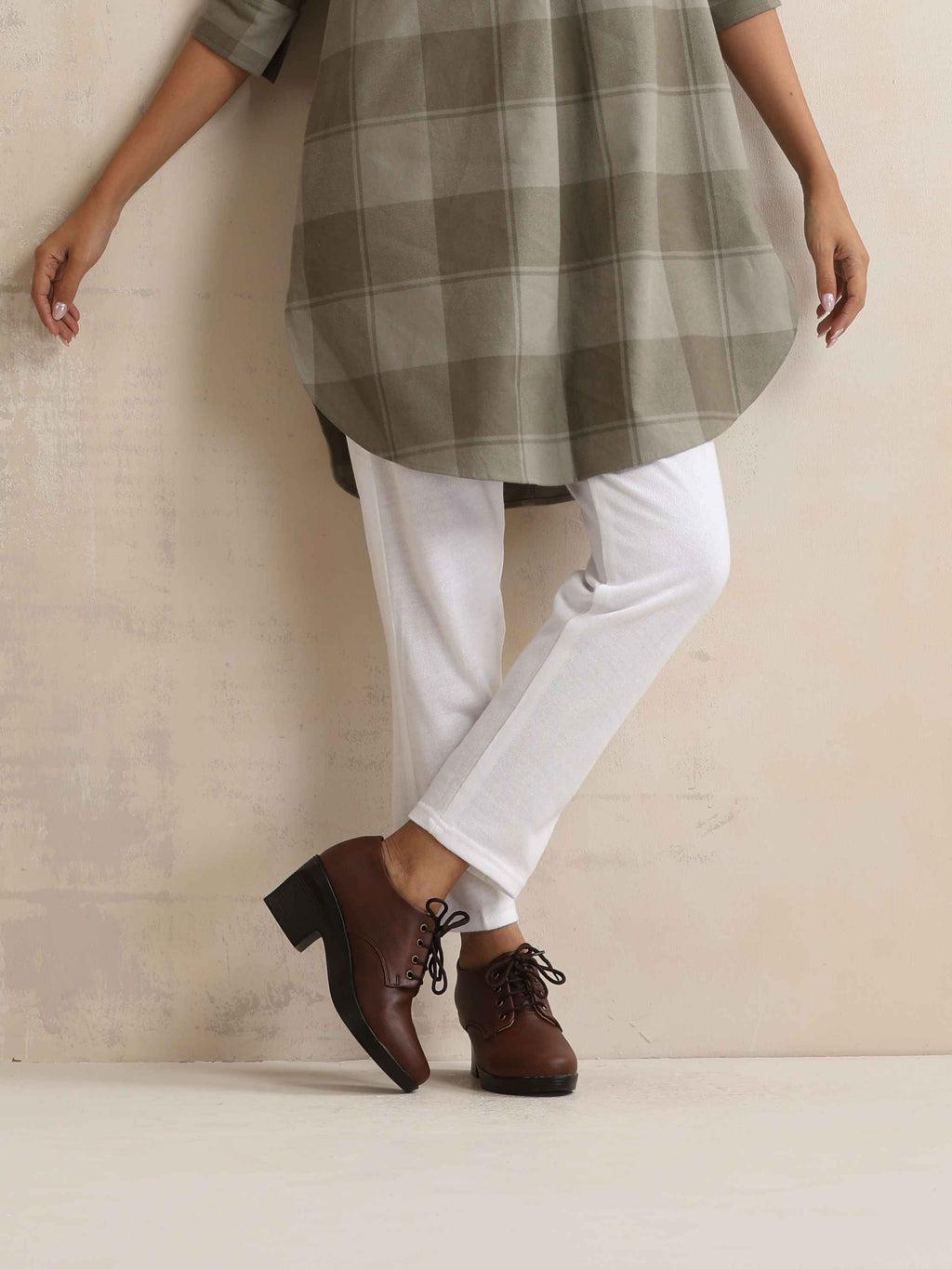 trueBrowns Green Check Pleated Winter Top | Grocsy