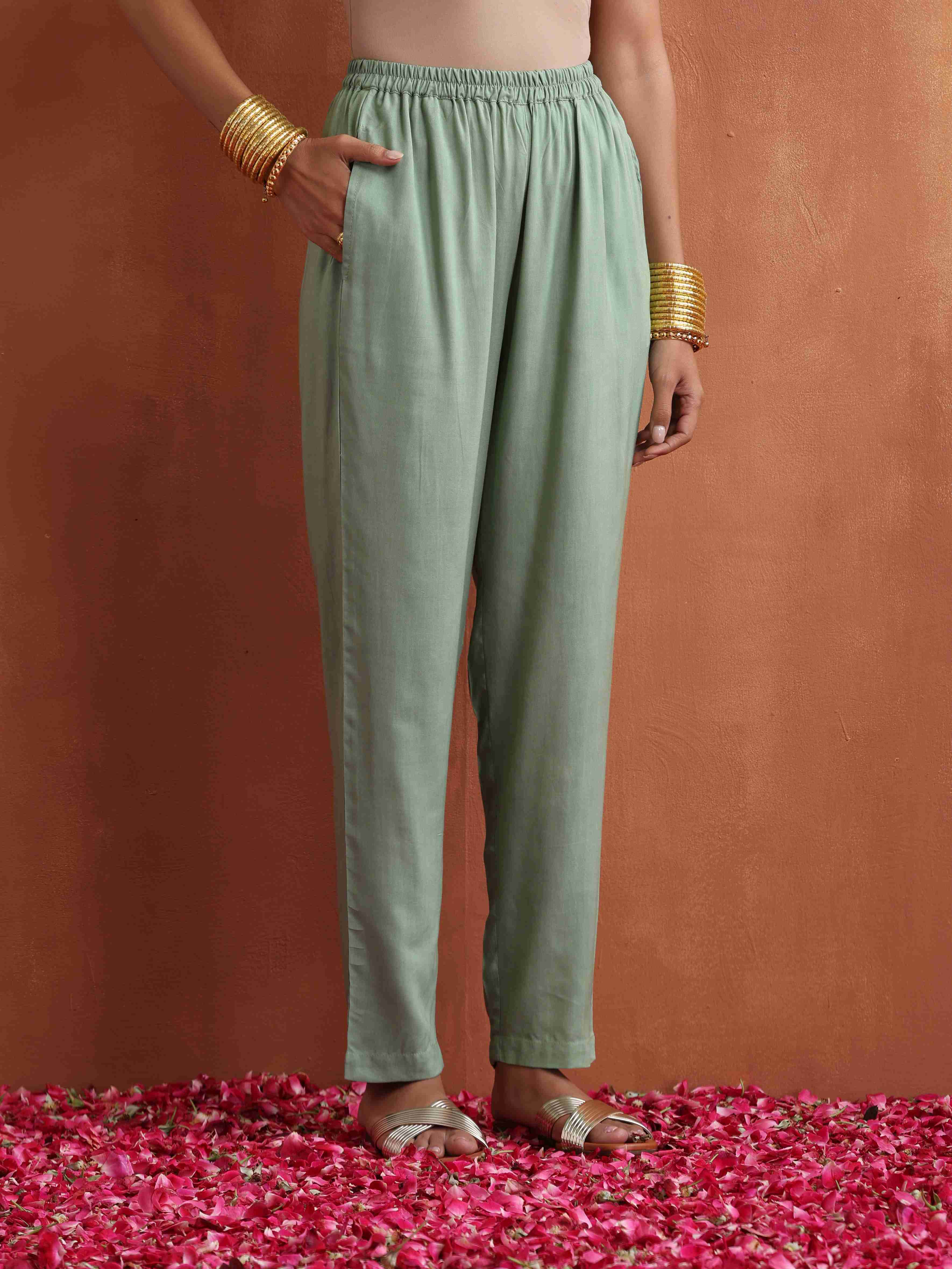 trueBrowns Green Print Flared Kurta Co-ord Set | Grocsy