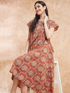 InWeave Women's Maroon Mughal Kalamkari A Line Dress | Grocsy