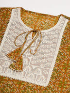InWeave Women's Olive Ajrakh Print Cotton Patch Work Straight Kurta | Grocsy