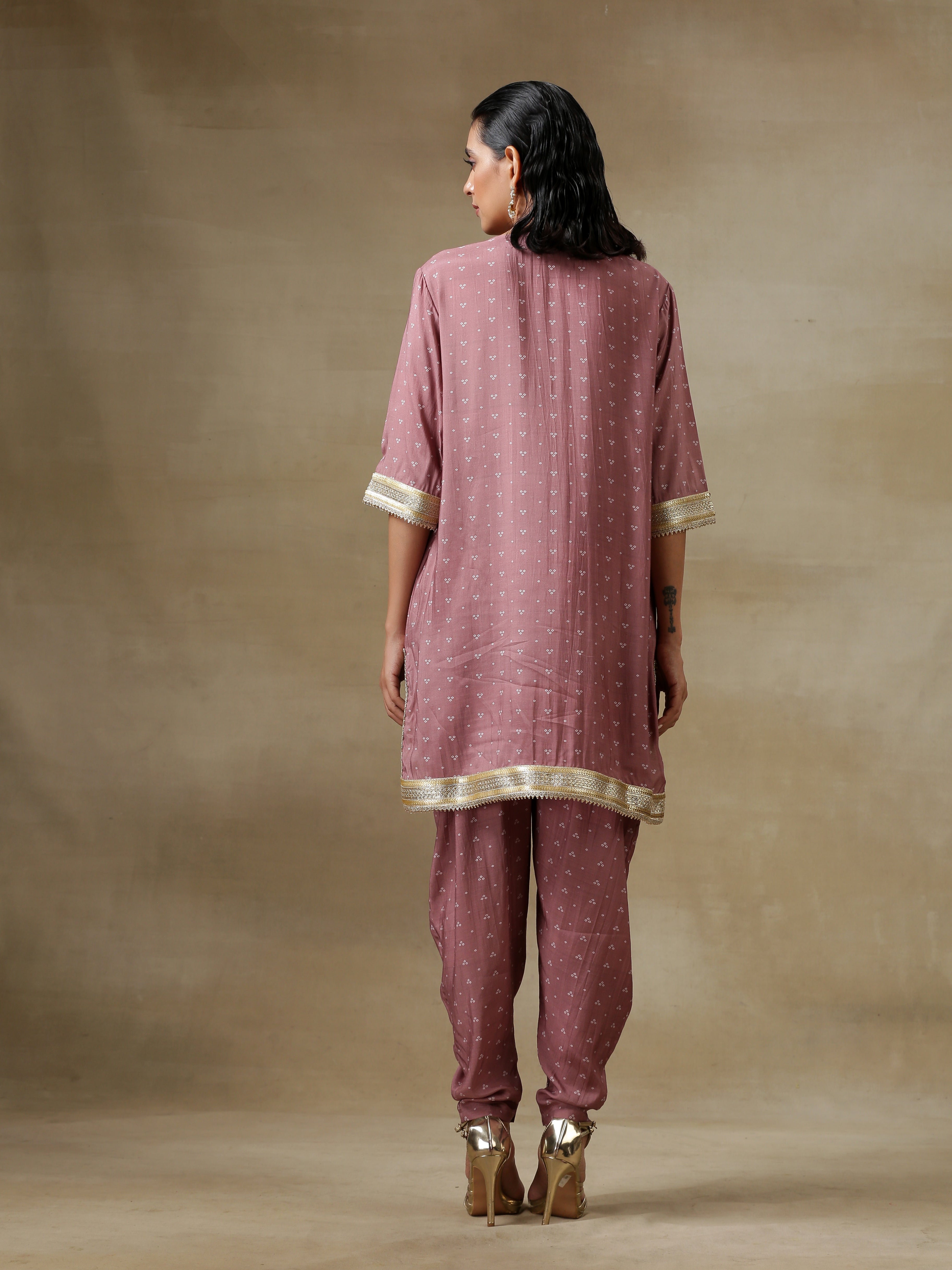 trueBrowns Dark Mauve Bandhani Printed Silk Loose Kurta Dhoti Pant Set | Grocsy