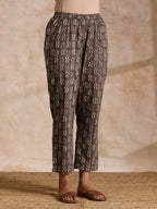 trueBrowns Clay Dabu Zig-Zag Motifs Print Cotton Flared Kurta Pant Set | Grocsy