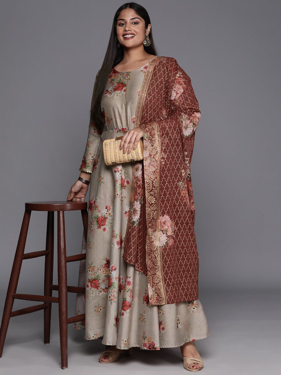 Ahalyaa Plus Size Round Neck Maxi Ethnic Dress With Dupatta | Grocsy