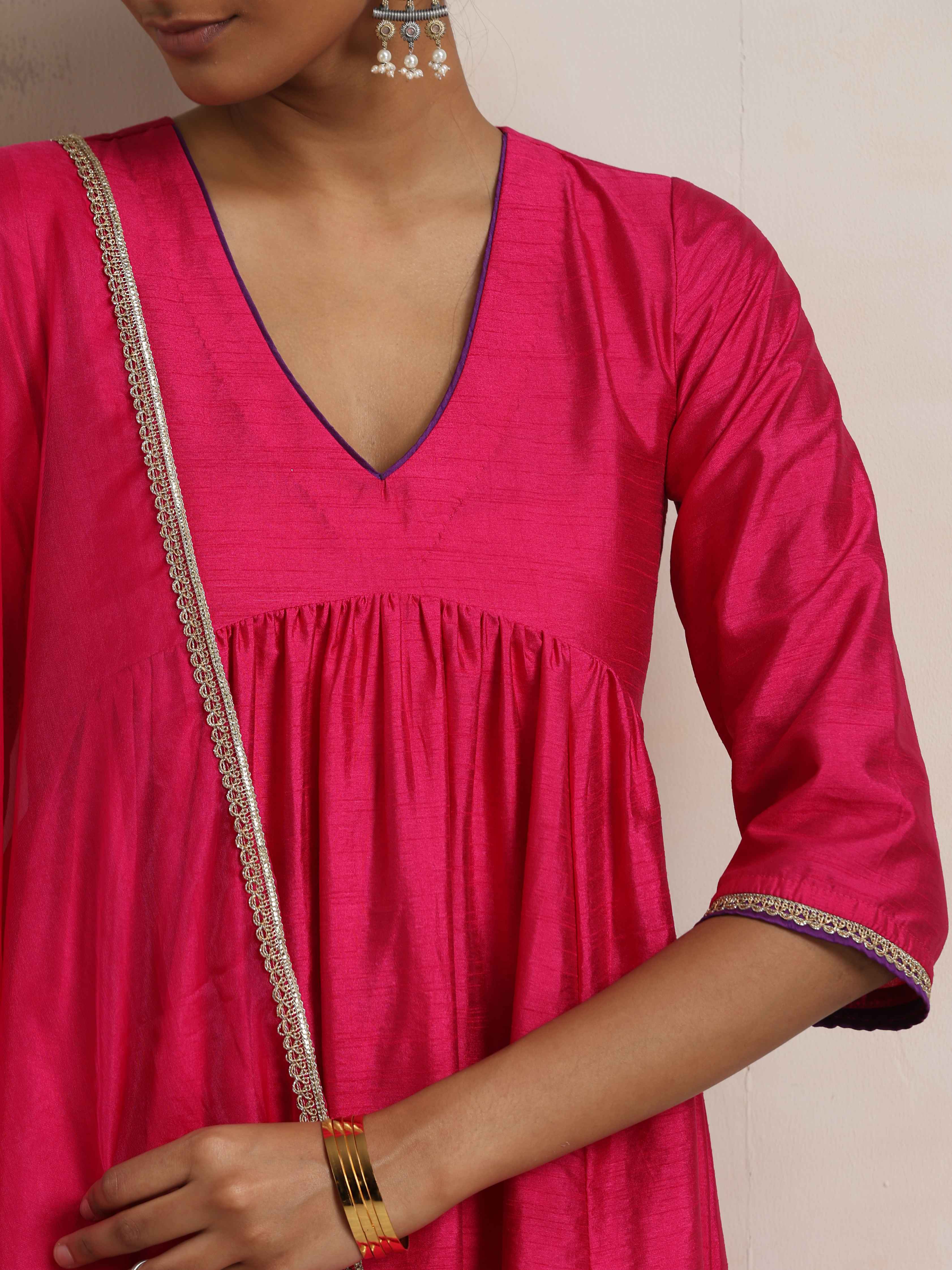 trueBrowns Pink Silk Anarkali Kurta Pant Dupatta Set | Grocsy