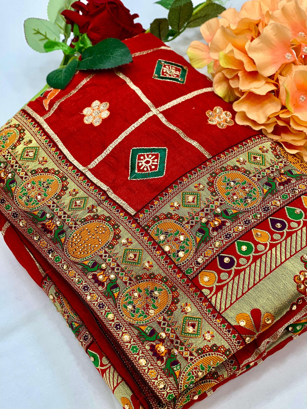 Lorenvalley Fashion Premium Red Vichitra Silk Embroidery and Diamond work Both Side Saree | Grocsy