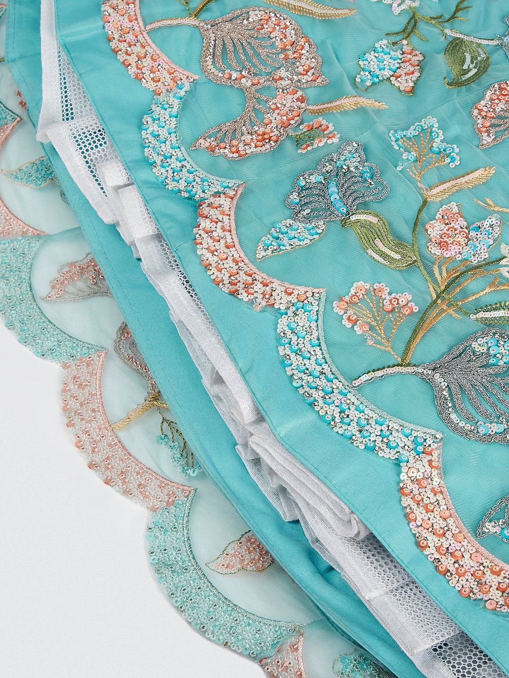 House of Panchhi Turquoise Blue Chiffon Sequins And Thread Embroidery Lehenga Choli & Printed Dupatta | Grocsy
