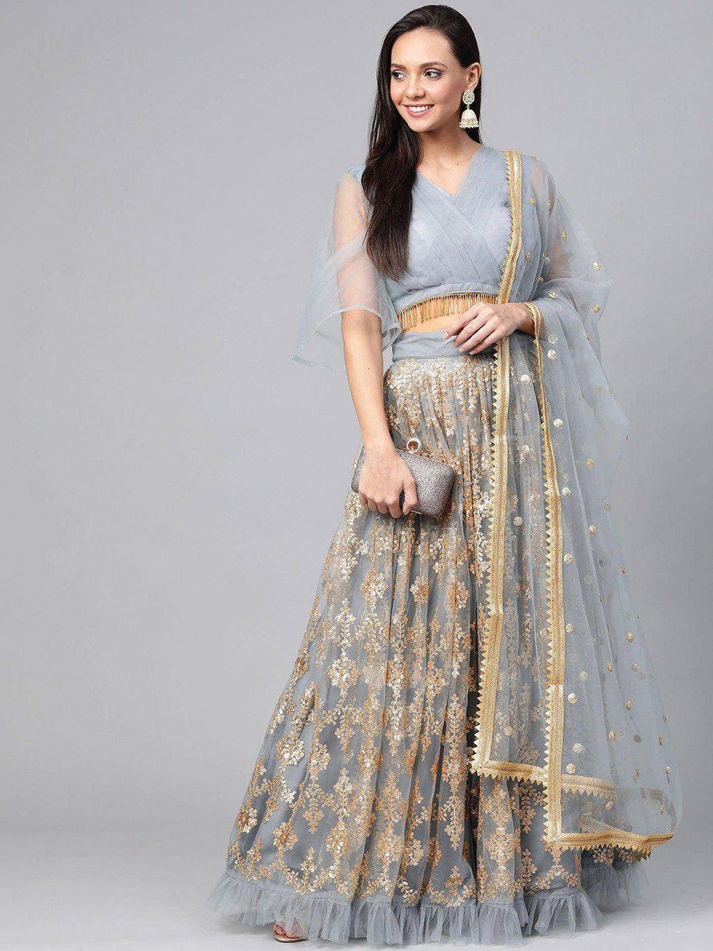 Tulsi Art Grey & Golden Semi-Stitched Embellished Myntra Lehenga & Unstitched Blouse With Dupatta | Grocsy