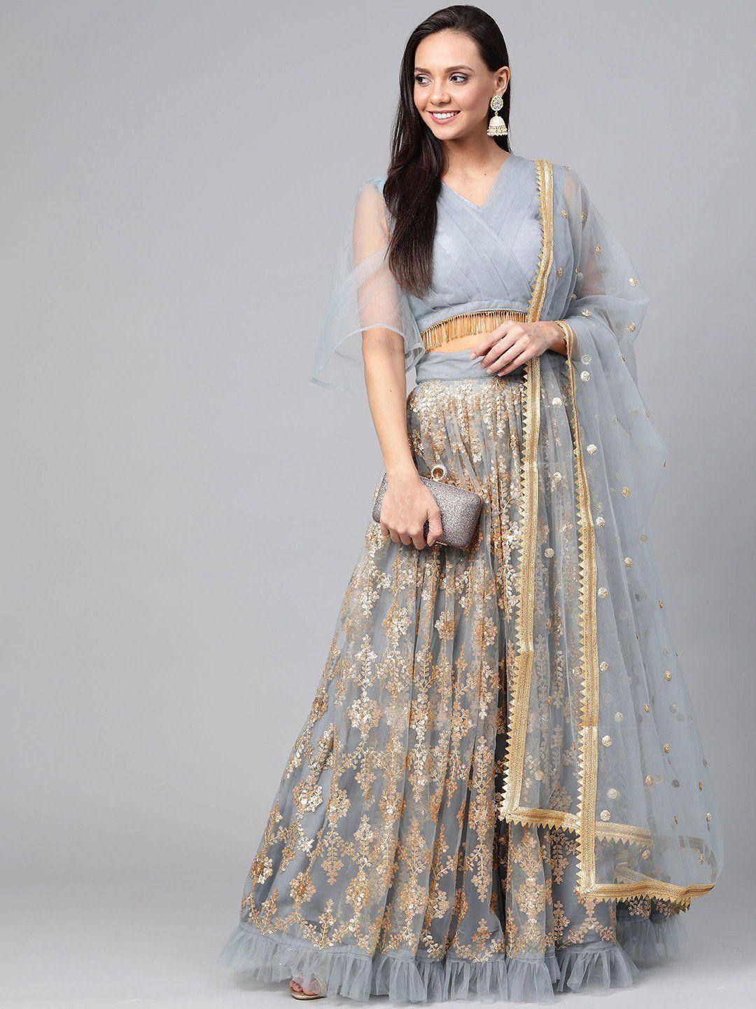 Tulsi Art Grey & Golden Semi-Stitched Embellished Myntra Lehenga & Unstitched Blouse With Dupatta | Grocsy