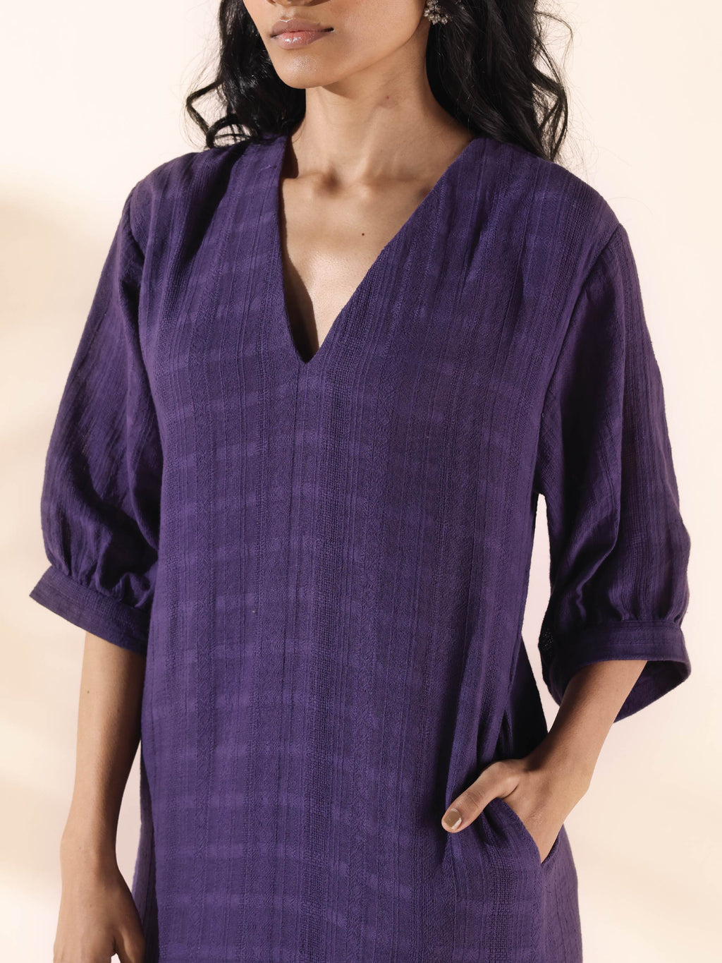 trueBrowns Purple Cotton Dobby Slit Dress | Grocsy