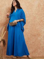 InWeave Women's Ink Blue Solid Collar Neck Boho Top Bottom Set | Grocsy