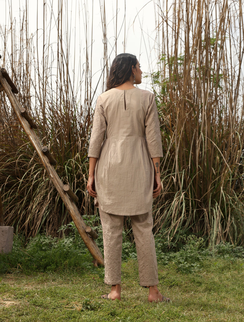trueBrowns Khaki Cotton Embroidered Co-ord Set | Grocsy